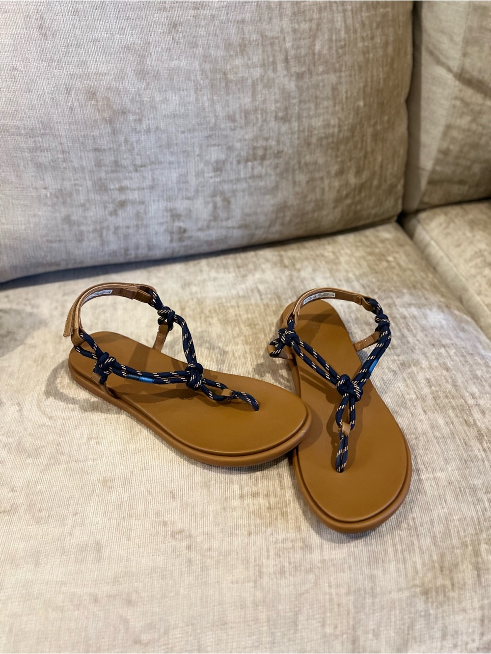 Sperry Tan Footbed Sandals with Navy Rope Straps
